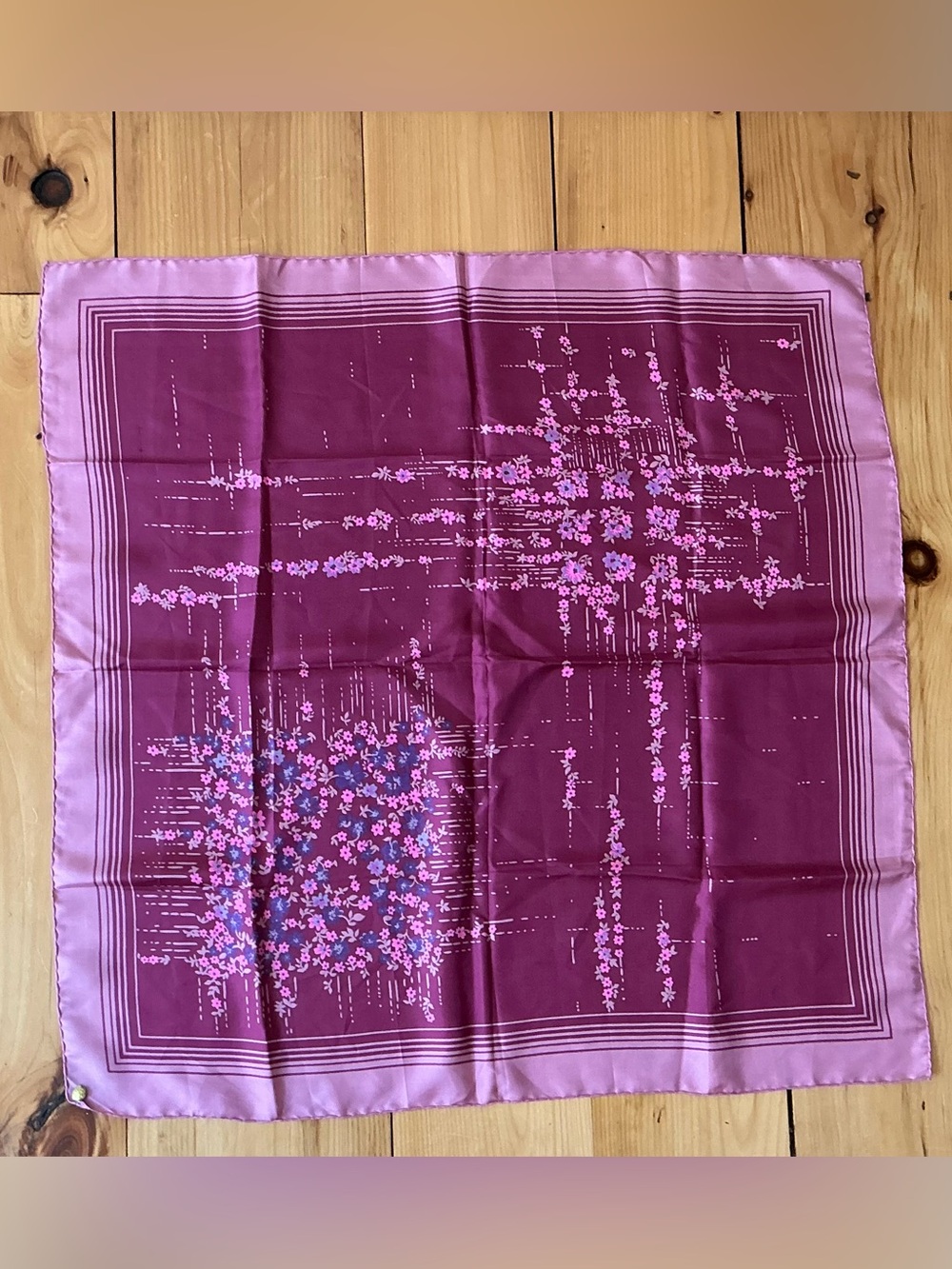 VTG Ostinelli Como Italian 100% Silk Square Scarf Floral Stripes Purple Pink